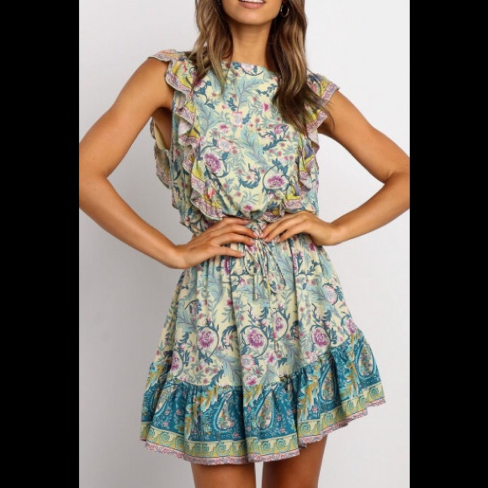 Floral Waist Skirt Flounce Design Sleeveless Sun Dress